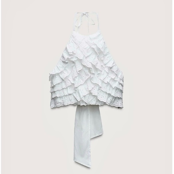 ZARA | White Ruffle Embroidered Eyelet Halter Top - Picture 6 of 7